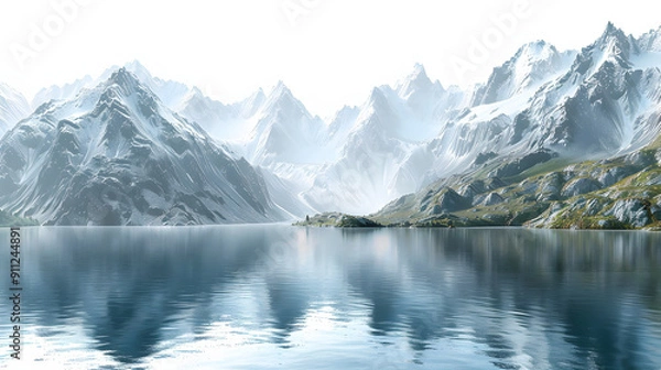 Fototapeta Beautiful mountain range with a large body of water in the foreground isolated on transparent background