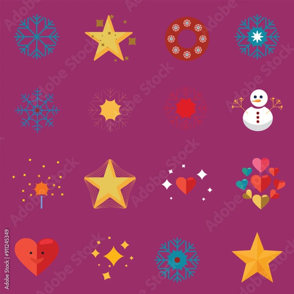 Obraz Cute color Christmas flat icons set. Festive Elements