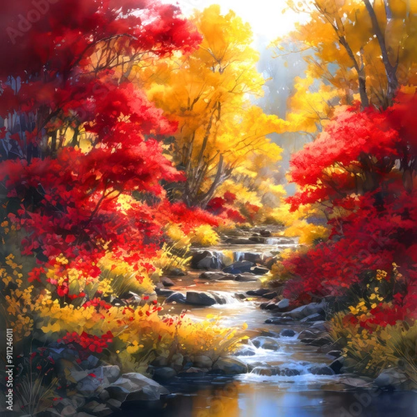 Obraz Autumn Landscape. Harmonious Melange. Captivating Blur on Trees Yellow with Red. Enchanting Rhythms of Watercolor Illustration.