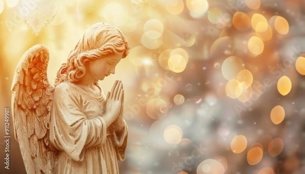 Fototapeta Serene Angel Figurine With Praying Posture Amidst Soft Glowing Lights During Golden Hour