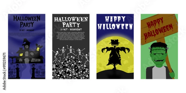 Fototapeta Halloween Party Invitations and Greeting Card Background. Halloween Illustration with Haunted House, Skeleton, Scarecrow and Frankenstein