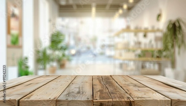 Fototapeta Rustic Wooden Table Surface in Brightly Lit Modern Café With Stylish Décor and Plants