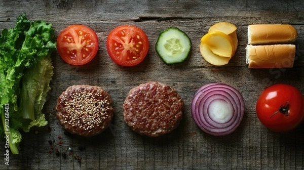 Fototapeta Separated hamburger components, including fresh vegetables and a juicy patty, displayed on a rustic surface.
