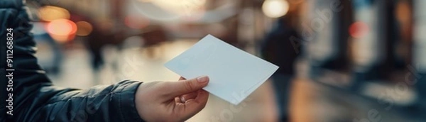 Fototapeta Hand holding a blank paper card mockup.