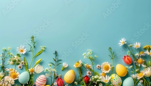 Fototapeta Colorful Easter Eggs Surrounded by Fresh Spring Flowers on Light Blue Background