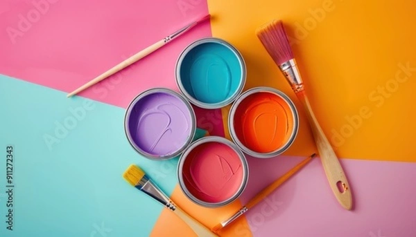 Fototapeta Vibrant Paint Cans With Brushes on Colorful Background in Artistic Studio Setting
