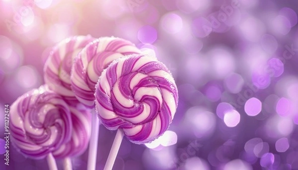 Fototapeta Colorful Swirled Lollipops on White Sticks With Sparkling Purple Background