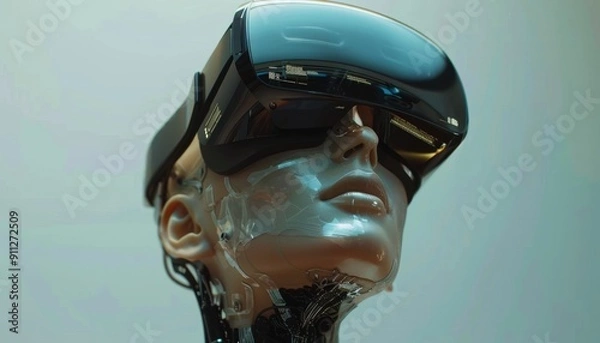 Fototapeta Futuristic Humanoid Robot With Virtual Reality Headset Displayed in Tech Exhibition Setting