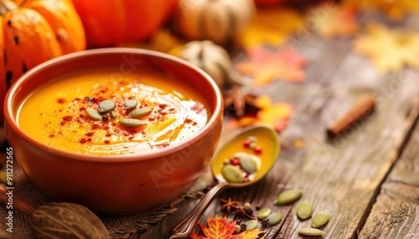 Fototapeta Delicious Pumpkin Soup Served in a Rustic Bowl Surrounded by Autumn Decor and Seasonal Ingredients