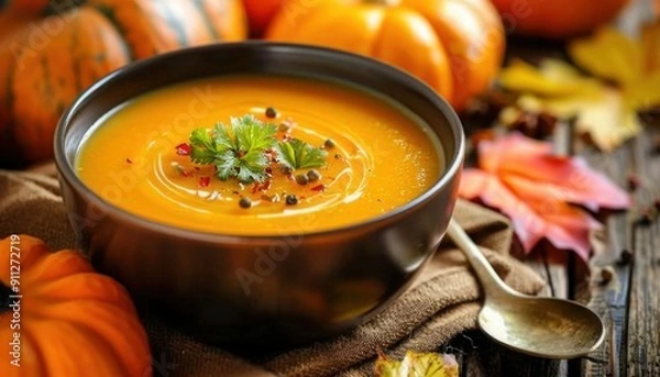 Fototapeta Creamy Pumpkin Soup Served in a Rustic Bowl Surrounded by Autumn Decorations