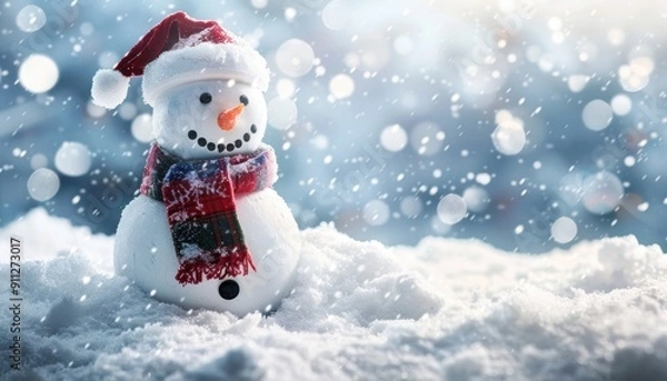 Fototapeta Charming Snowman Wearing Santa Hat and Colorful Scarf Amidst Gentle Snowfall in Winter Wonderland