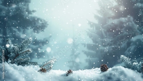 Fototapeta Snowy Landscape With Pine Cones and Snow Falling in a Winter Forest