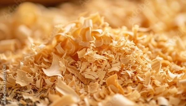Fototapeta Fine Wood Shavings Piled Neatly on a Workbench After Carpentry Work Completed