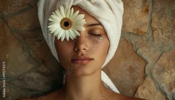 Fototapeta Relaxing Spa Experience With A Woman in a Towel and Flower Decoration