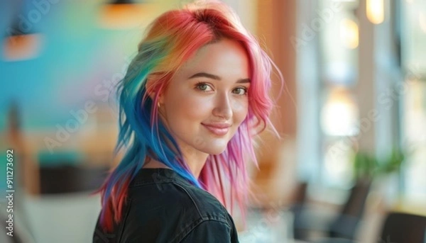 Fototapeta Young Woman With Vibrant Rainbow Hair Smiling in a Modern Coffee Shop Setting