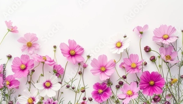 Fototapeta Colorful Cosmos Flowers Arranged Neatly Against a Light Background in Bright Daylight