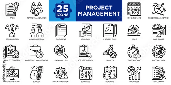 Fototapeta project management, project, management, business, planning, work icon set. Outline icons collection. Simple vector illustration	