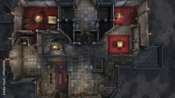 Obraz Castle Battle Map for RPGs, Dungeons & Dragons, Tabletop Role-Playing Games, Adventure Game Background, Top-Down View