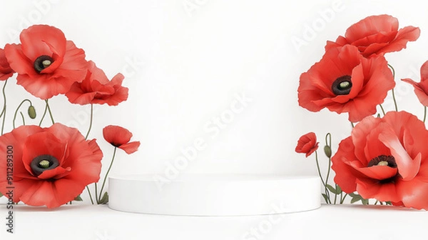 Obraz Empty white product display podium surrounded by red poppy flowers against wall