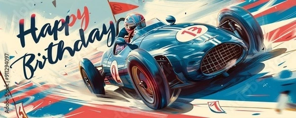 Fototapeta Racing Car Birthday Bash. A sleek race car in motion with vibrant blue and red accents captures the excitement of racing. This horizontal banner is ideal for greeting cards or festive invitations.