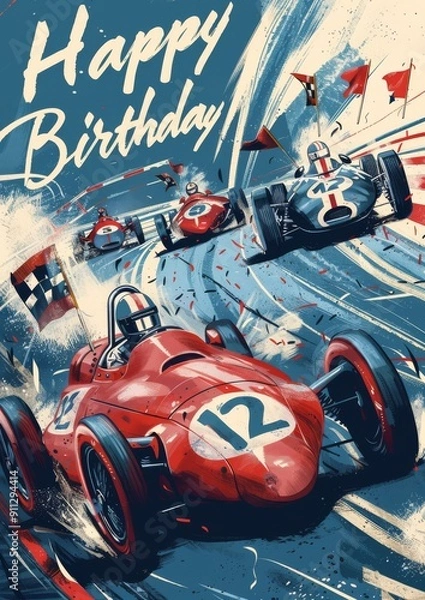 Fototapeta Speeding Cars Birthday Extravaganza. Multiple race cars compete on a vibrant track, filled with action and color. This vertical banner has ample space for text, perfect for greeting cards or posters.