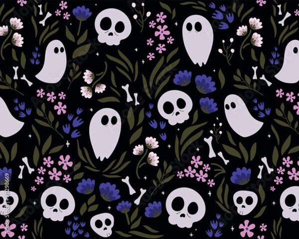 Obraz Seamless pattern Latin American style.Dead day party, sugar skull or halloween holiday.Traditional mexican music festival,fun bright dance vector characters.Halloween Dia De Los Muertos Celebration.