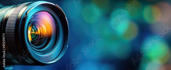 Obraz close-up of a camera lens, illuminated by blue light on a dark background. Photographer and filmmaking background concept with copy space