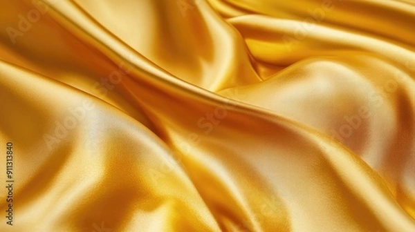 Fototapeta Yellow silk satin fabric with a luxurious sheen, gracefully draped, creating a golden backdrop