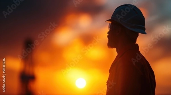 Obraz An oil rig worker in a helmet and coveralls, operating heavy machinery on a platform