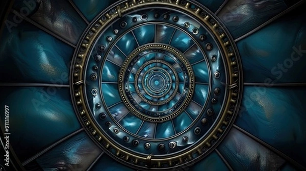 Obraz   Circular metal object with blue and gold design centered in image