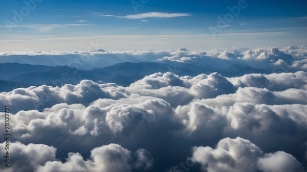 Fototapeta Clouds and sky, aerial view from airplane window. Ai Generative.