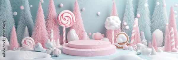 Fototapeta Winter wonderland product display podium with pink and blue Christmas trees, candy canes, lollipops, and a pastel-colored podium as the central focus