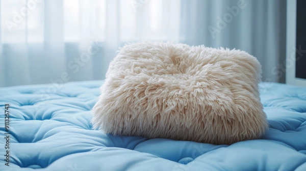 Fototapeta A soft pillow is placed on the blue mattress.