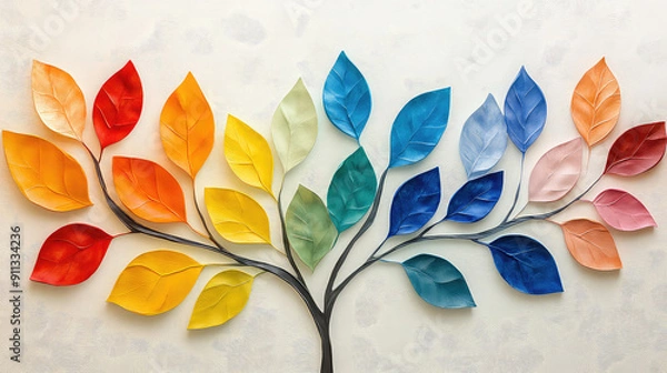 Obraz Elegant colorful tree with vibrant leaves hanging branches illustration background. Bright color 3d abstraction wallpaper for interior mural painting wall art decor. Ai	