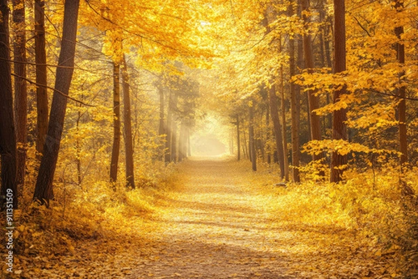Fototapeta A serene forest path covered in golden autumn leaves.