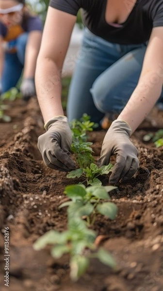 Obraz Community garden project with people planting together, green initiative