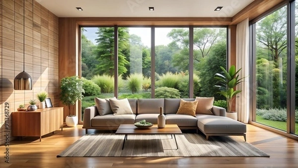 Fototapeta Minimalist Modern Living Room with a Touch of Nature  Generative AI