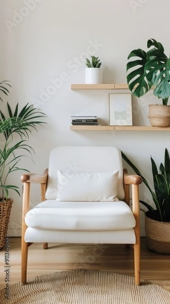 Fototapeta Cozy corner with plants and magazines, inviting salon space