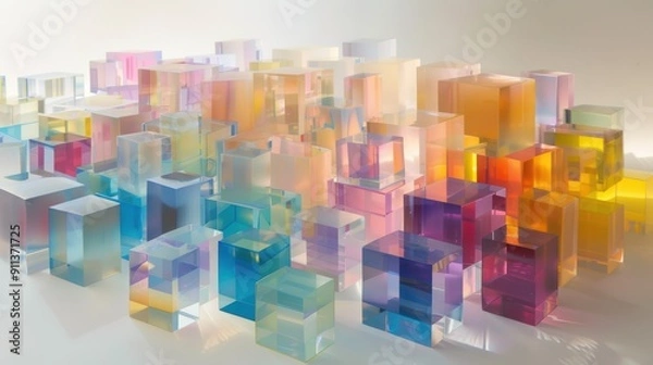 Fototapeta Abstract concept. Colorful glass cubes pop out of white blood cells on the floor. Rainbow colors 3d illustration.