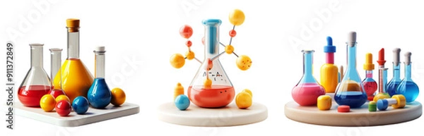 Fototapeta 3D illustration of chemistry lab equipment set isolated on transparent background