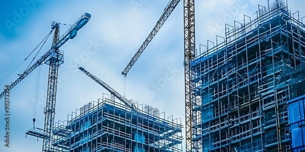 Fototapeta Two cranes constructing a building with scaffolding under a blue sky.