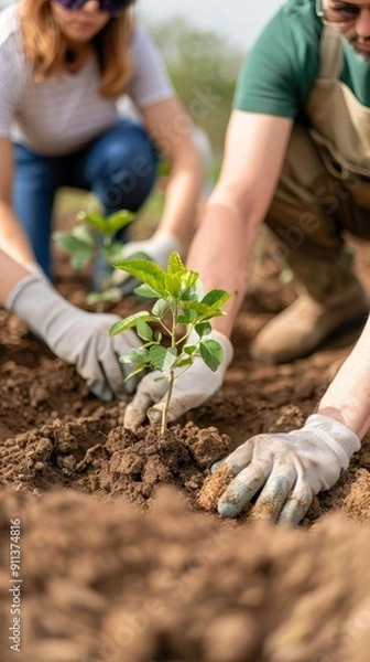 Fototapeta Group planting trees in a community park, teamwork in action