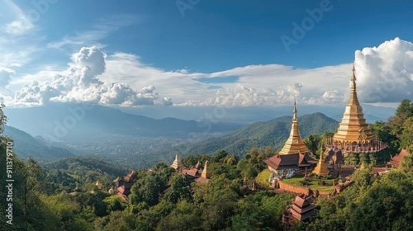 Fototapeta A panoramic view of Wat Doi Suthep, perched on a hill overlooking Chiang Mai, with golden pagodas gleaming in the sun.