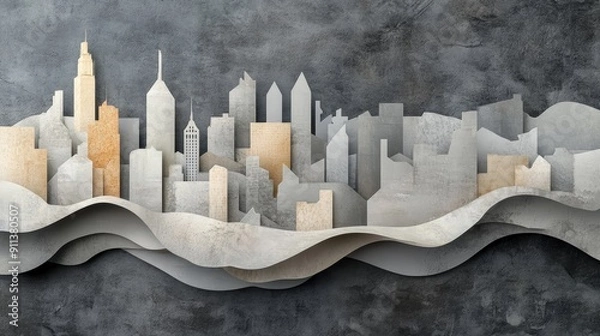 Fototapeta Paper cityscape with wavy horizon and textured background.