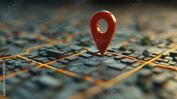 Obraz 3D render of a Map with Large Red GPS Pointer containing a Green House. ai generated