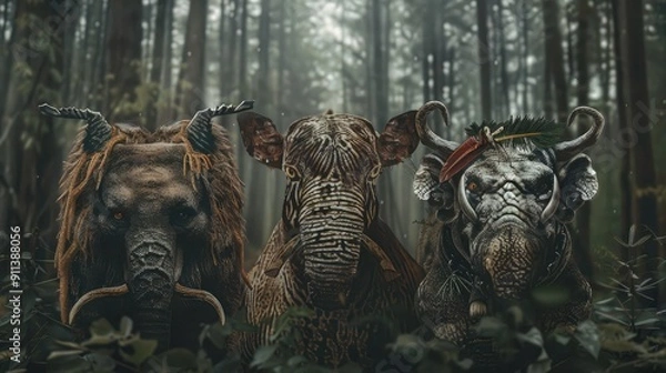Fototapeta Four anthropomorphic animals standing in a row