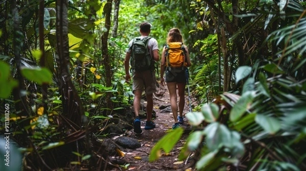 Fototapeta Adventurous couple hiking along a dense forest path