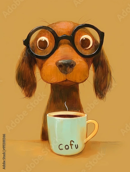 Fototapeta Dog tasting coffee