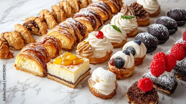 Obraz Assorted pastries including mille-feuille, cannoli, and profiteroles on a marble background