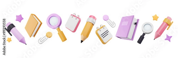 Fototapeta Border of 3d school supplies. Office tools pattern. Books, pencil and pen, magnifier, paper clips and copybook, graphic stars render. Vector isolated cartoon illustration. Plastic elements.